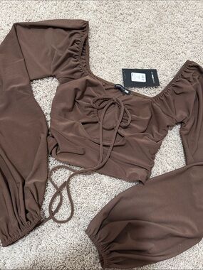 Fashion Nova Chocolate Brown Tie-Front Ruched Crop Top